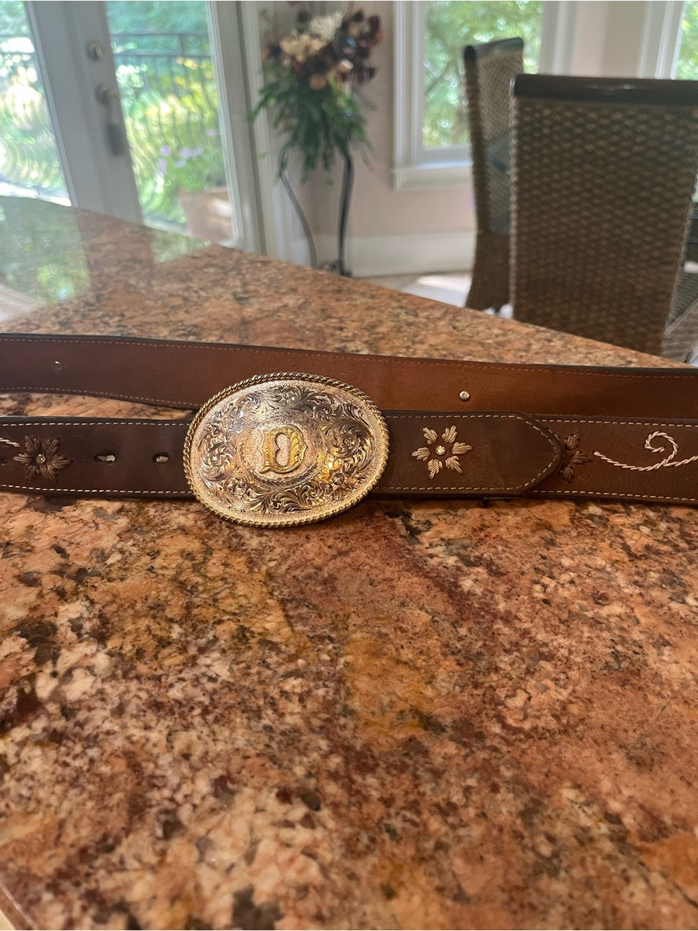 Montana Silversmiths Brown Leather Belt with Ornate Silver & Gold Buckle. XL